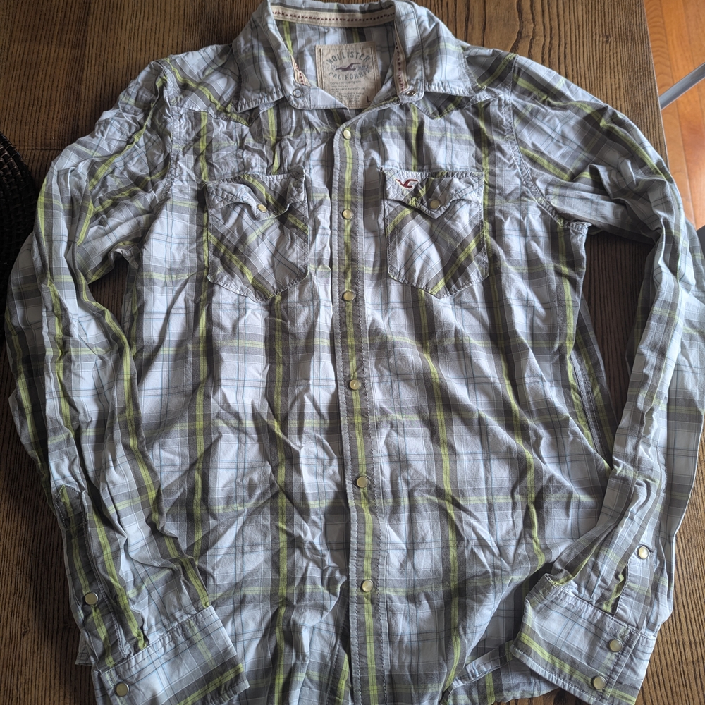 Hollister Gray and Green Plaid Casual Button Down Shirt